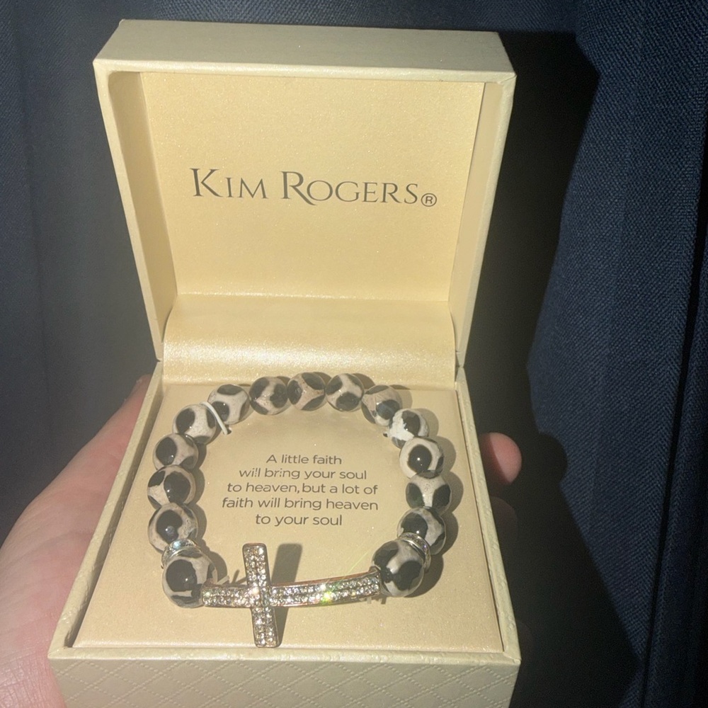 Kim Rogers Black and White Beaded Bracelet with Cross Charm